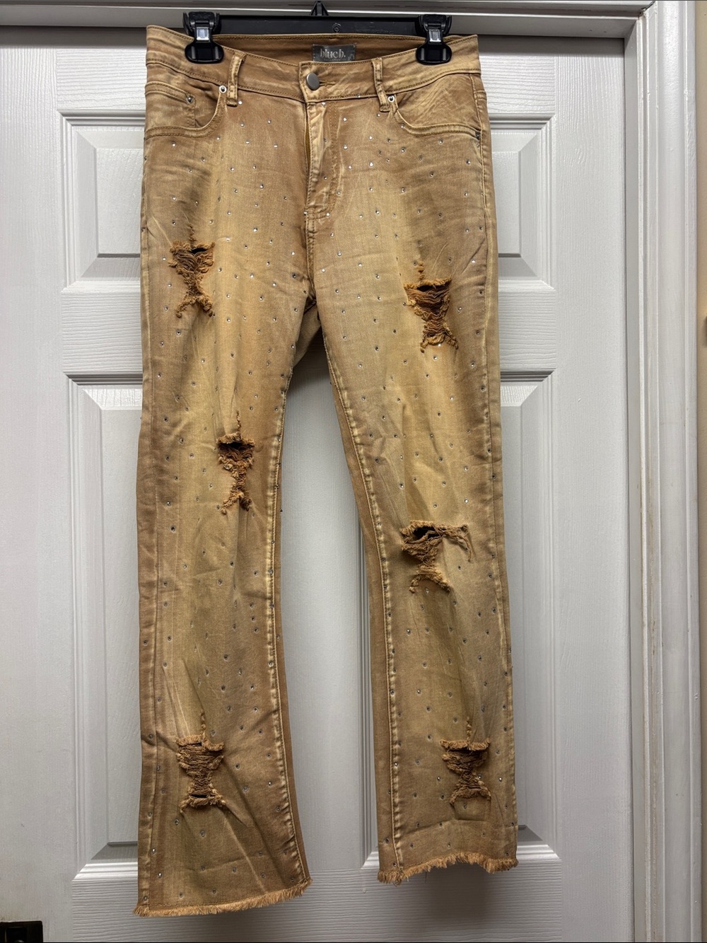 Blue B Star Distressed Tan Rhinestone Pants Frayed Hem Make